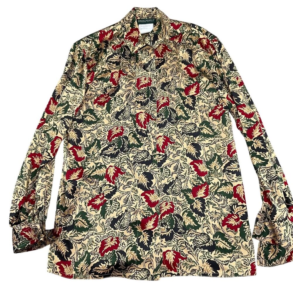 Harve Benard Blouse Women 6 Tan Red Leaf Floral Retro Secretary Liquid Silk 80s